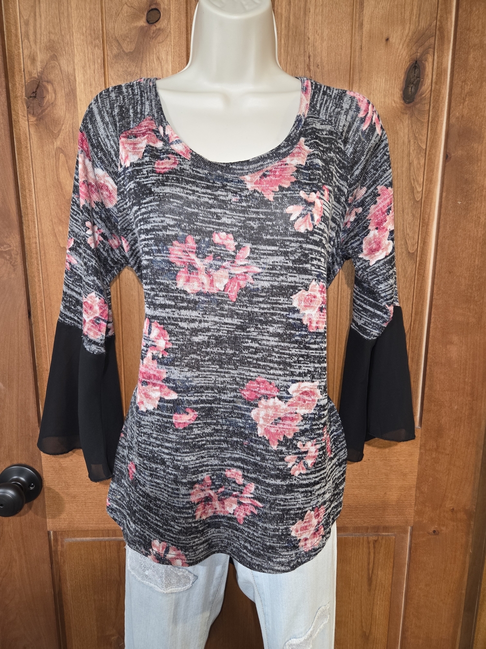 French Laundry Black Heathered Scoop Neck Top with Pink Floral Print